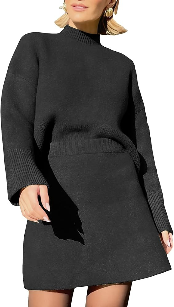 EXLURA Womens 2 Piece Outfits Casual Sweater Dress Sets Long Sleeve Mock Neck Ribbed Knit Tops Bo... | Amazon (US)