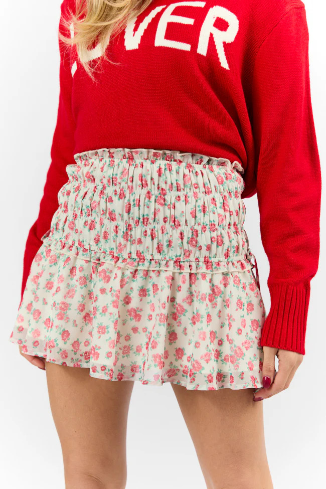 Cross My Path Ivory and Red Drop Smocked Waist Mini Skort | Pink Lily