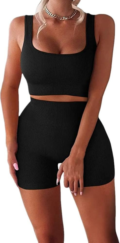ABOCIW Womens Workout Sets 2 Piece Seamless Ribbed High Waist Shorts with Tank Crop Top Sport Bra Yo | Amazon (US)