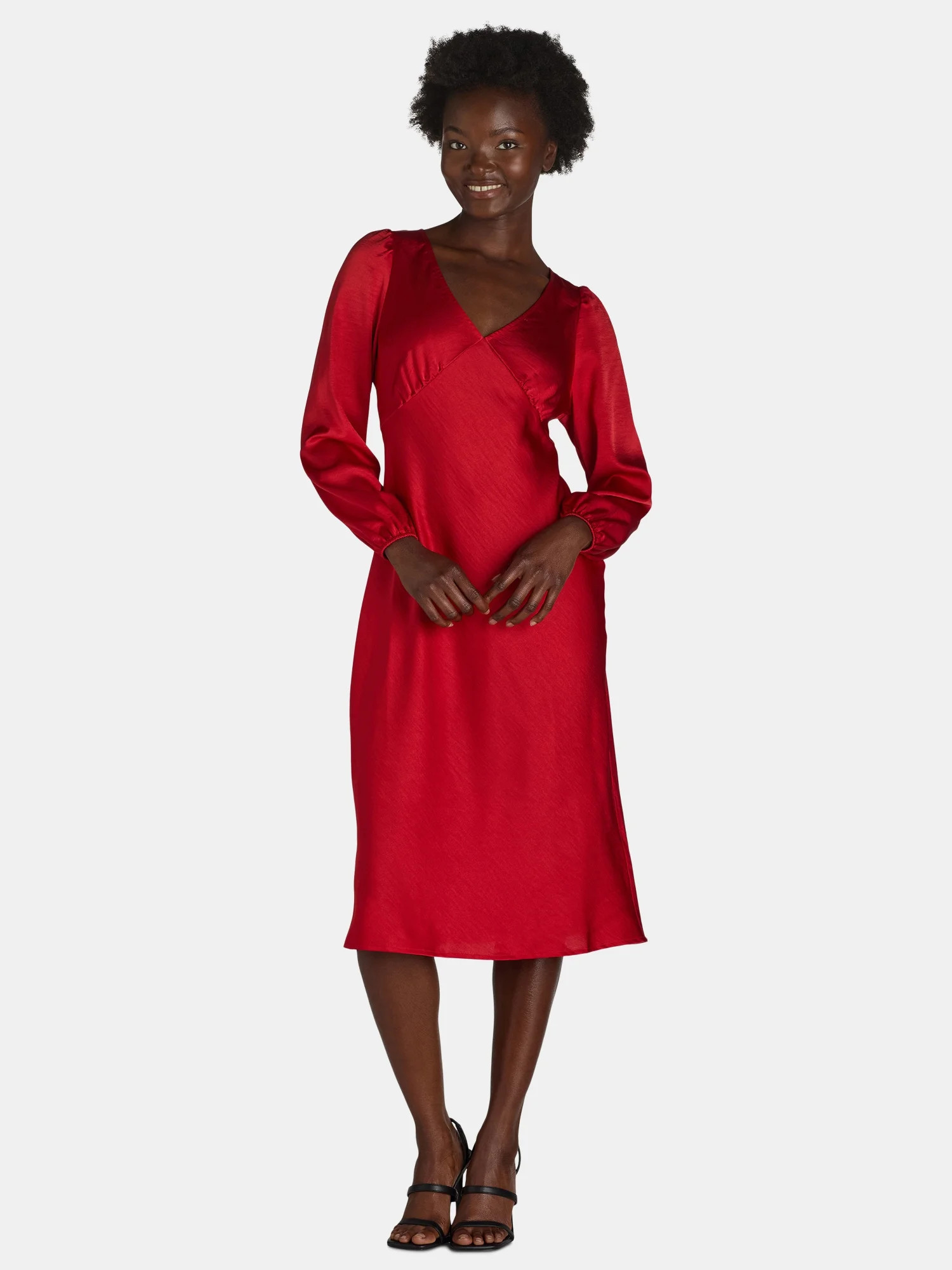 Nine.Eight Women’s and Women's Plus V-Neck Satin Midi Dress with Long Sleeves, Sizes XS-4X | Walmart (US)