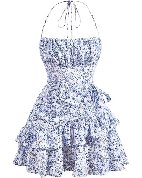 Floerns Women's Floral Print Sleeveless Halter Tie Back Layered Hem Cami Mini Dress | Amazon (US)