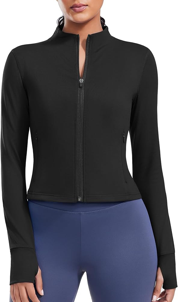 PINSPARK Women Cropped Workout Jackets Full Zip Slim Fit Athletic Jackets Thumb Holes Running Jac... | Amazon (US)