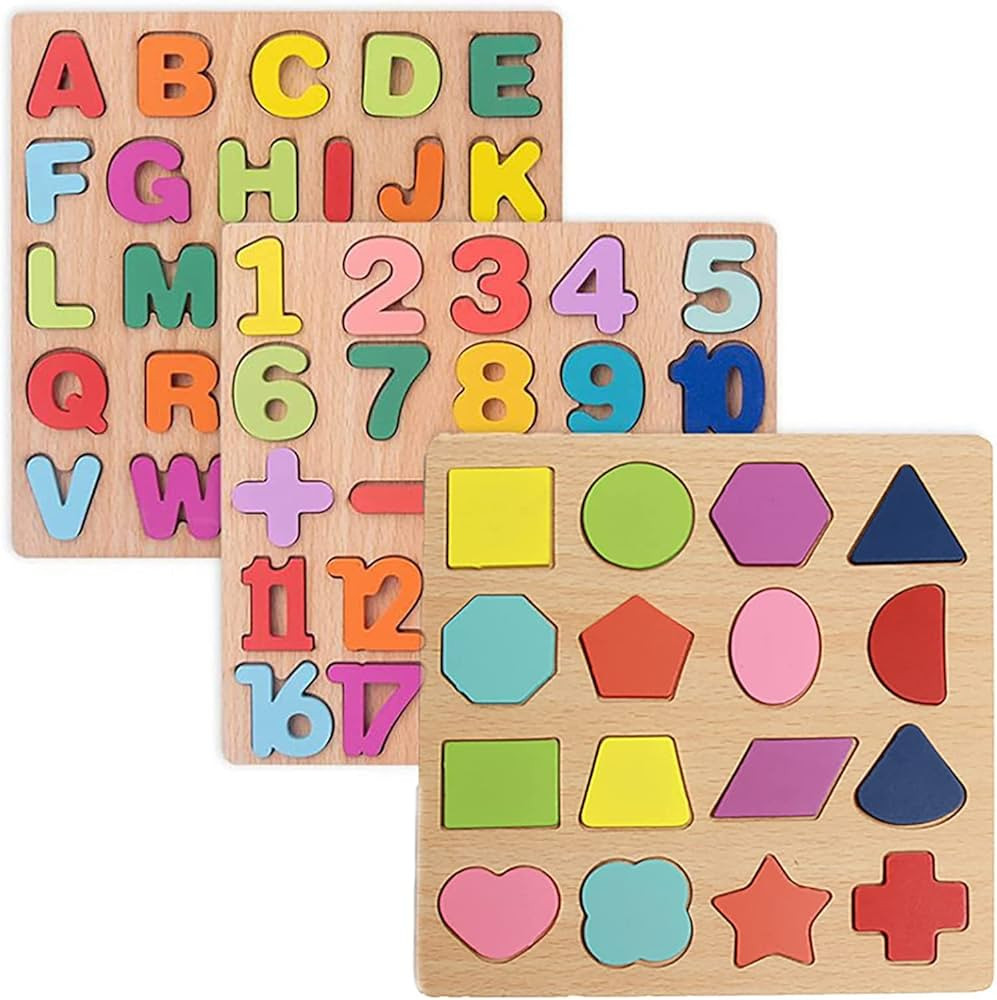 Wooden Puzzles for Toddlers, 3pack Alphabet Shape Puzzles for Kids 3 Wooden Montessori Toddler Pu... | Amazon (US)