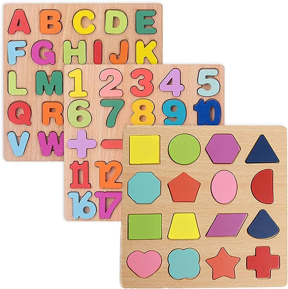 Wooden Puzzles for Toddlers, 3pack Alphabet Shape Puzzles for Kids 3 Wooden Montessori Toddler Pu... | Amazon (US)
