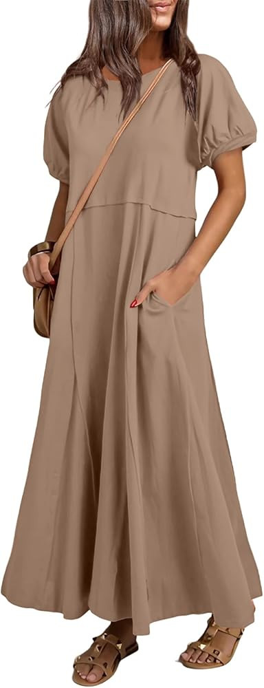 Acelitt Women Casual Trendy Summer Crewneck Puff Sleeve Midi Dress, S-XXL | Amazon (US)