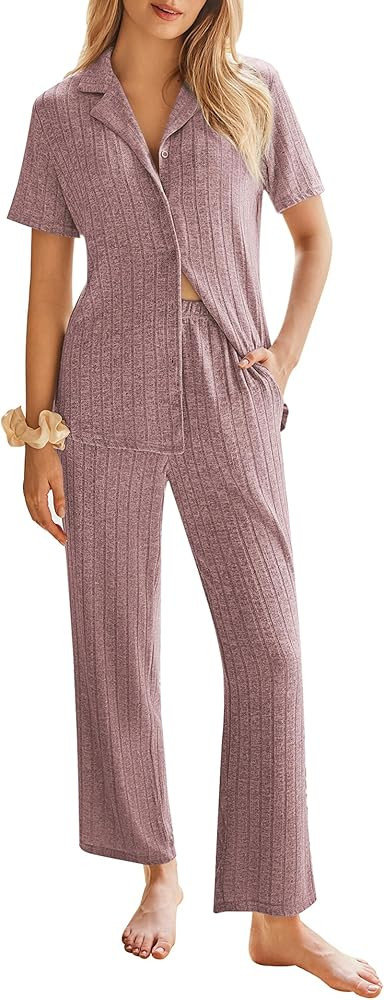 Ekouaer Womens Rib Knit Pajamas Button Up Lounge Sets Short Sleeve Top and Long Pants Matching Pj... | Amazon (US)