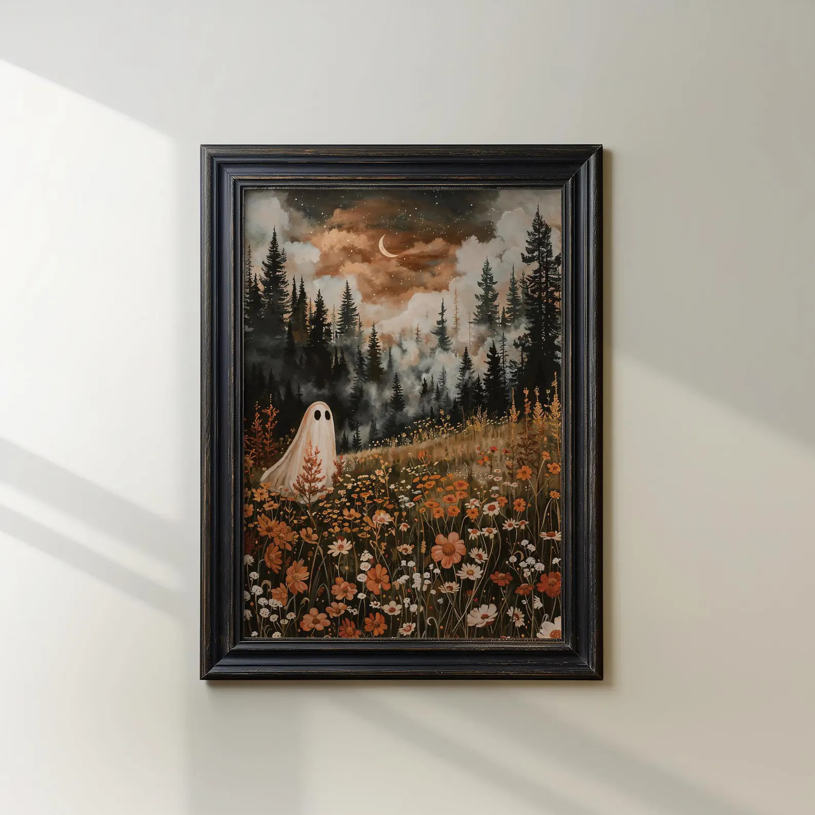 Ghost in Enchanted Forest Meadow Art Print, Whimsical Halloween Decor, Charming and Spooky Wall A... | Etsy (US)