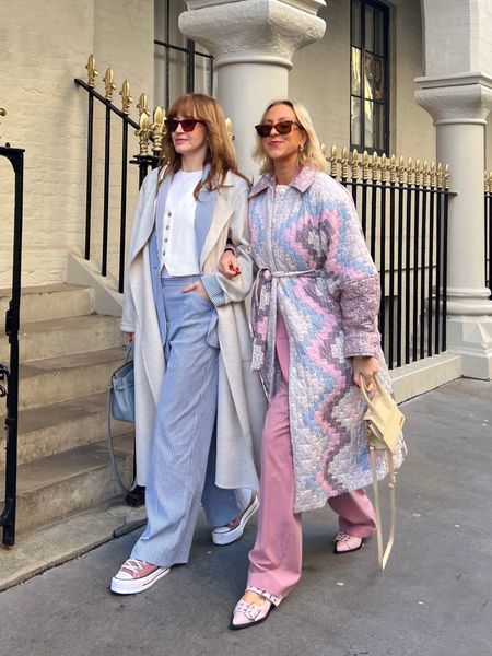 L.K.Bennett stripe blue suit blazer and wide leg trousers, pink Frankie Shop suit, ganni flat buckle shoes and converse trainers 

#LTKSeasonal #LTKshoecrush #LTKeurope