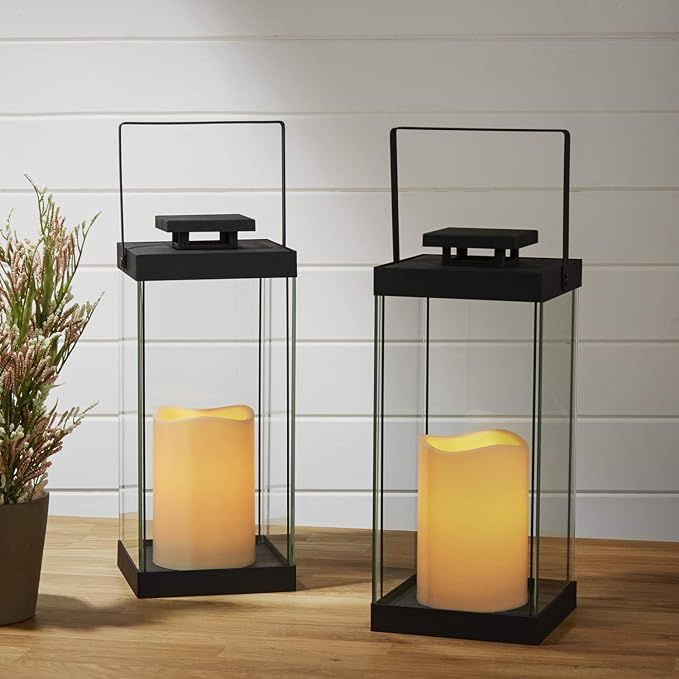 Large Glass Flameless Candle Lanterns, 14.5" Height, Spring or Summer Decor, Warm White LEDs, Bla... | Amazon (US)
