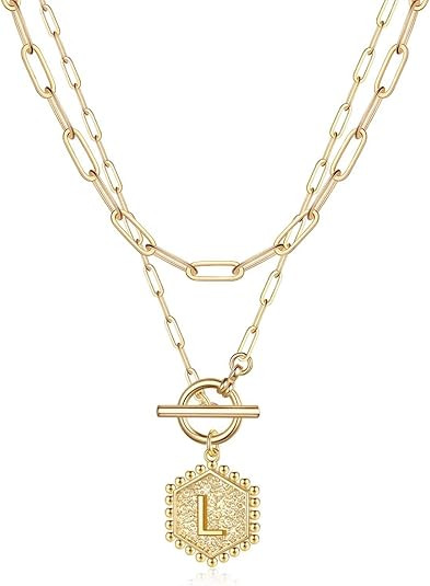Layered Gold Initial Necklaces for Women, 14K Gold Plated Paperclip Link Chain Necklace Hexagon L... | Amazon (US)