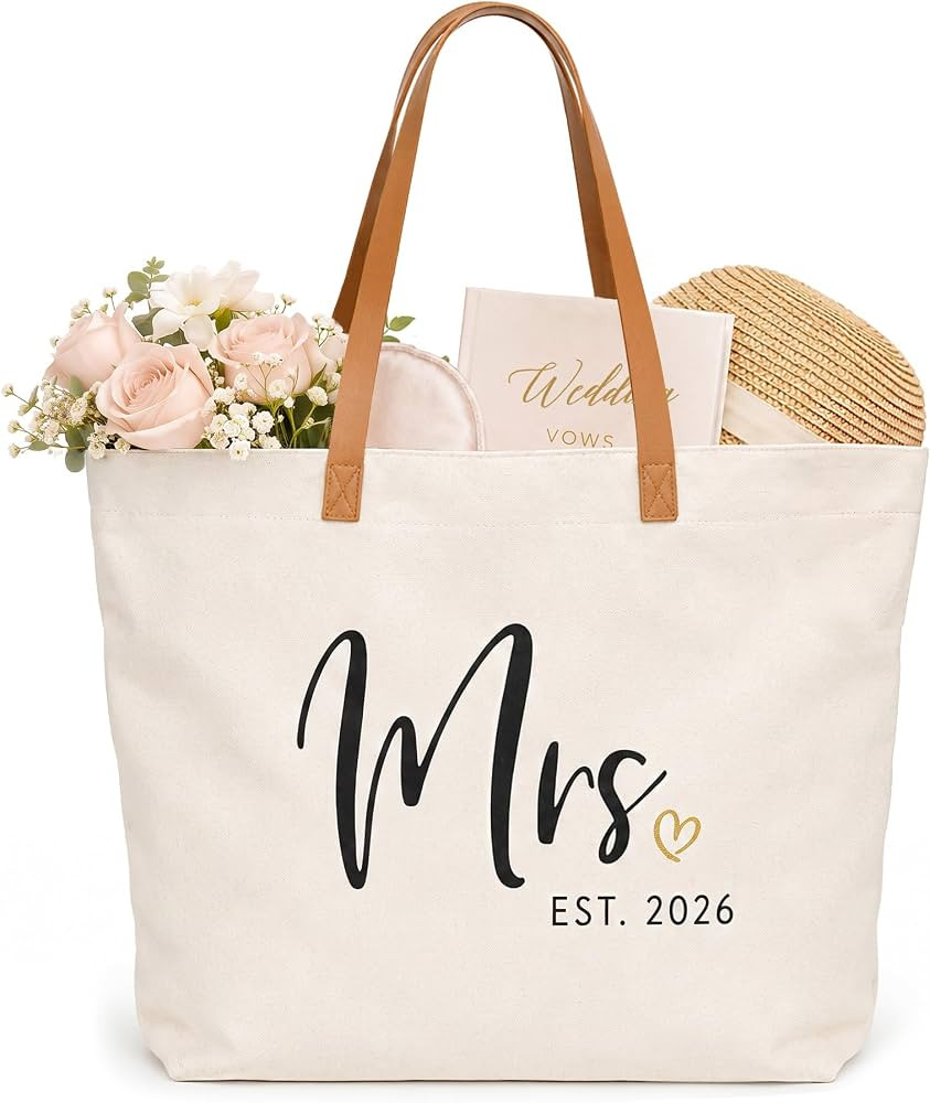 ELEGANTPARK Bridal Shower Gifts for Bride 2026 Mrs Tote Bag with Zipper | Amazon (US)