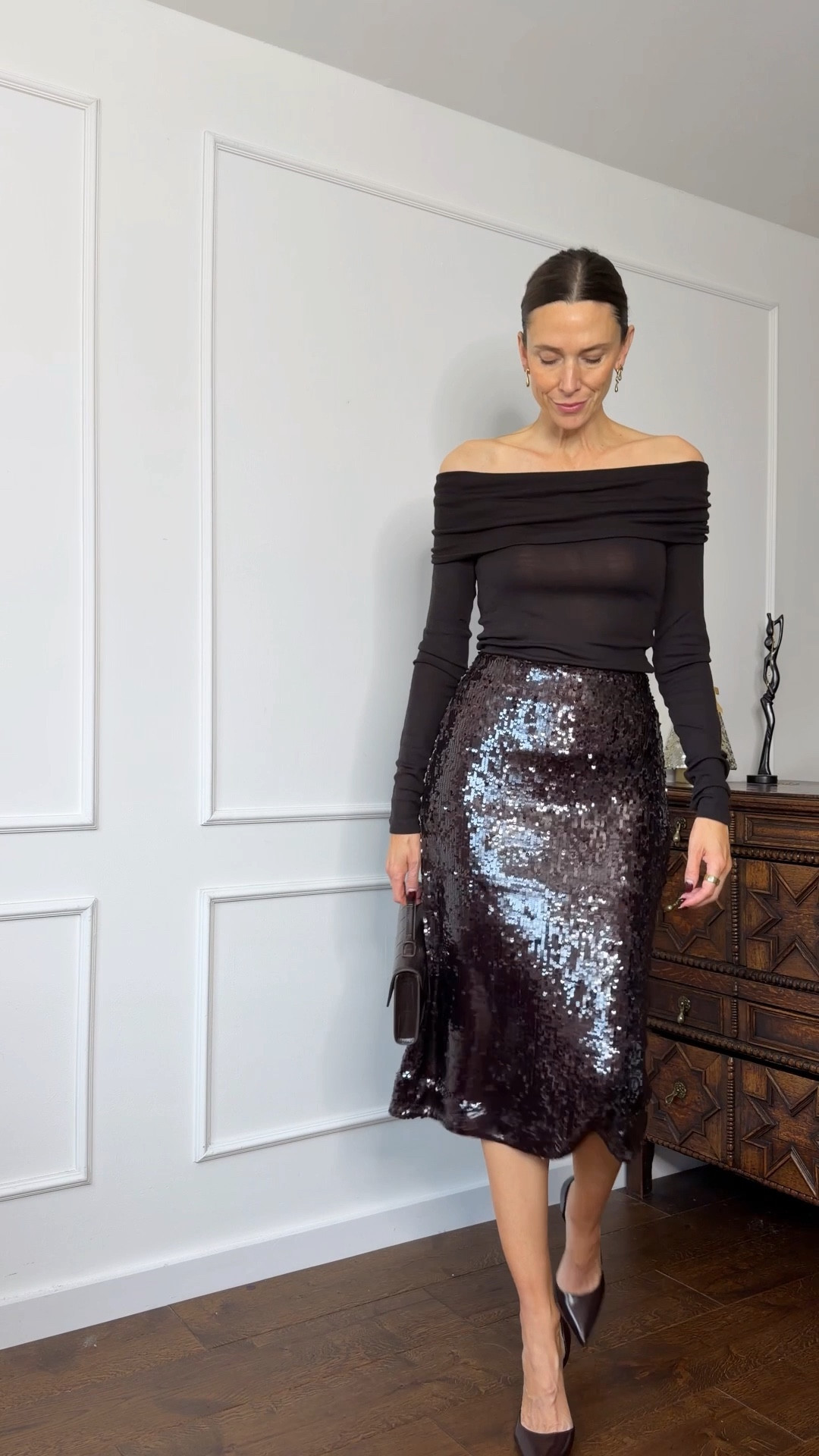 Party outfits, brown sequin skirt, brown off the shoulder top, brown pointed heels, long brown skirt, Burgundy blazer, cream satin trousers, navy trousers, burgundy cashmere sweater, navy cashmere sweater, white sequinned top 

#LTKFindsUnder100 #LTKHoliday #LTKOver40