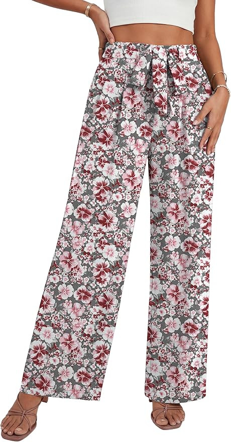 Lepunuo Women's High Waisted Wide Leg Flowy Pants Casual Palazzo Pants Work Adjustable Tie Knot P... | Amazon (US)