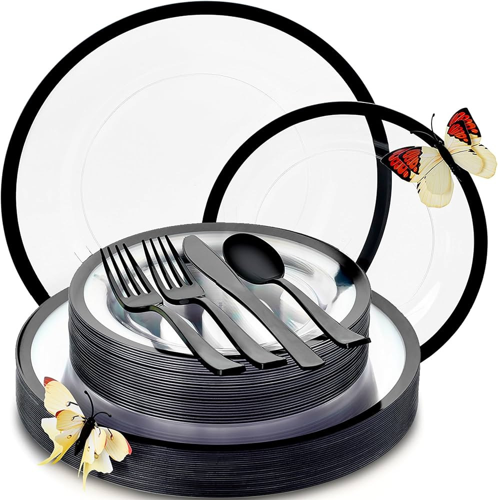 By Madee HEAVYWEIGHT 150 Pcs for 25 Guests | Clear and Black Plastic Plates and Silverware Set | ... | Amazon (US)
