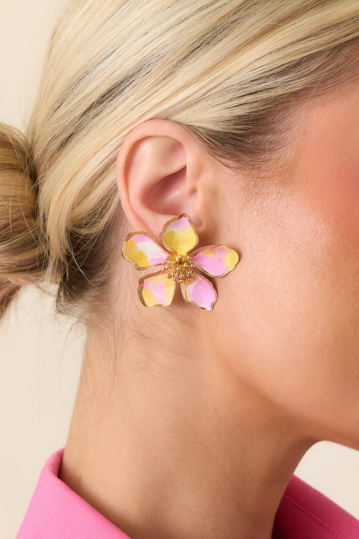 It's Giving Happy Pink & Yellow Metal Floral Oversized Stud Earrings | Red Dress