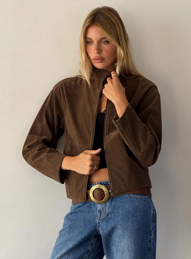 Jessalynn Faux Suede Zip Through Jacket Brown | Princess Polly US
