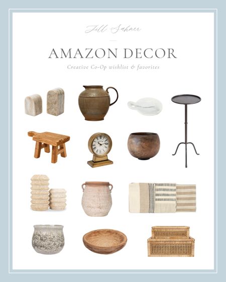 Products on my Amazon wishlist (or tried and true products I love)! Terracotta urn, distressed terracotta planter, found wooden bowl, gold mantel clock, metal martini accent table, found wood pedestal, cane & rattan display boxes, stoneware pitcher, small marble dish, stone candle holders, mango wood finish bowl, striped cotton tea towels, decorative stone bookends

#LTKhome
