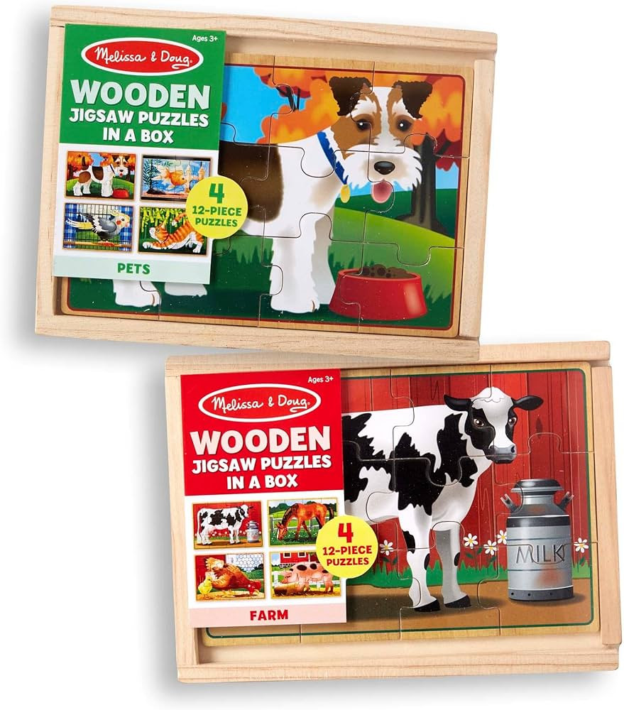 Melissa & Doug Animals 4-in-1 Wooden Jigsaw Puzzles Set - Pets and Farm - Toddler Wooden Jigsaw P... | Amazon (US)