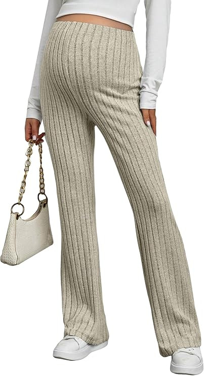 Women's Maternity Casual Adjustable High Waist Solid Flare Leg Ribbed Knit Pants Trousers | Amazon (US)