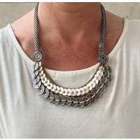 Two Tone Oxidized Silver Coin Mother Of Pearl Bib Necklace. Artisan Necklace Pearl. Mixed Metal | Etsy (US)