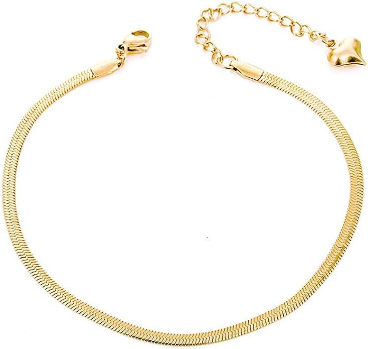 QJLE 18K Gold Plated Flat Snake Chain Link Dainty Ankle Bracelets for Women, Boho Cute Summer Bea... | Amazon (US)