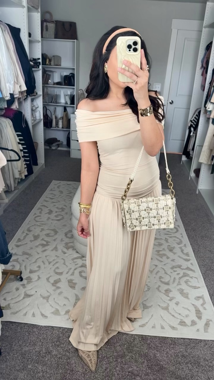 Off the shoulder ruched drop waist pleated maxi dress, light nude cream color, very stretchy material.

Lioness Field Of Dreams Off-the-Shoulder Maxi Dress, back in stock on Revolve 

#LTKStyleTip #LTKGiftGuide #LTKSaleAlert