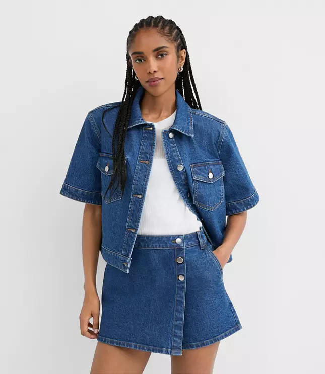 Short Sleeve Denim Jacket in Medium Stone Wash | LOFT