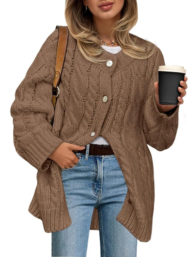 Saodimallsu Womens Cable Knit Cardigan Sweaters Chunky Button Up Long Sleeve Crew Neck Warm Loose... | Amazon (US)