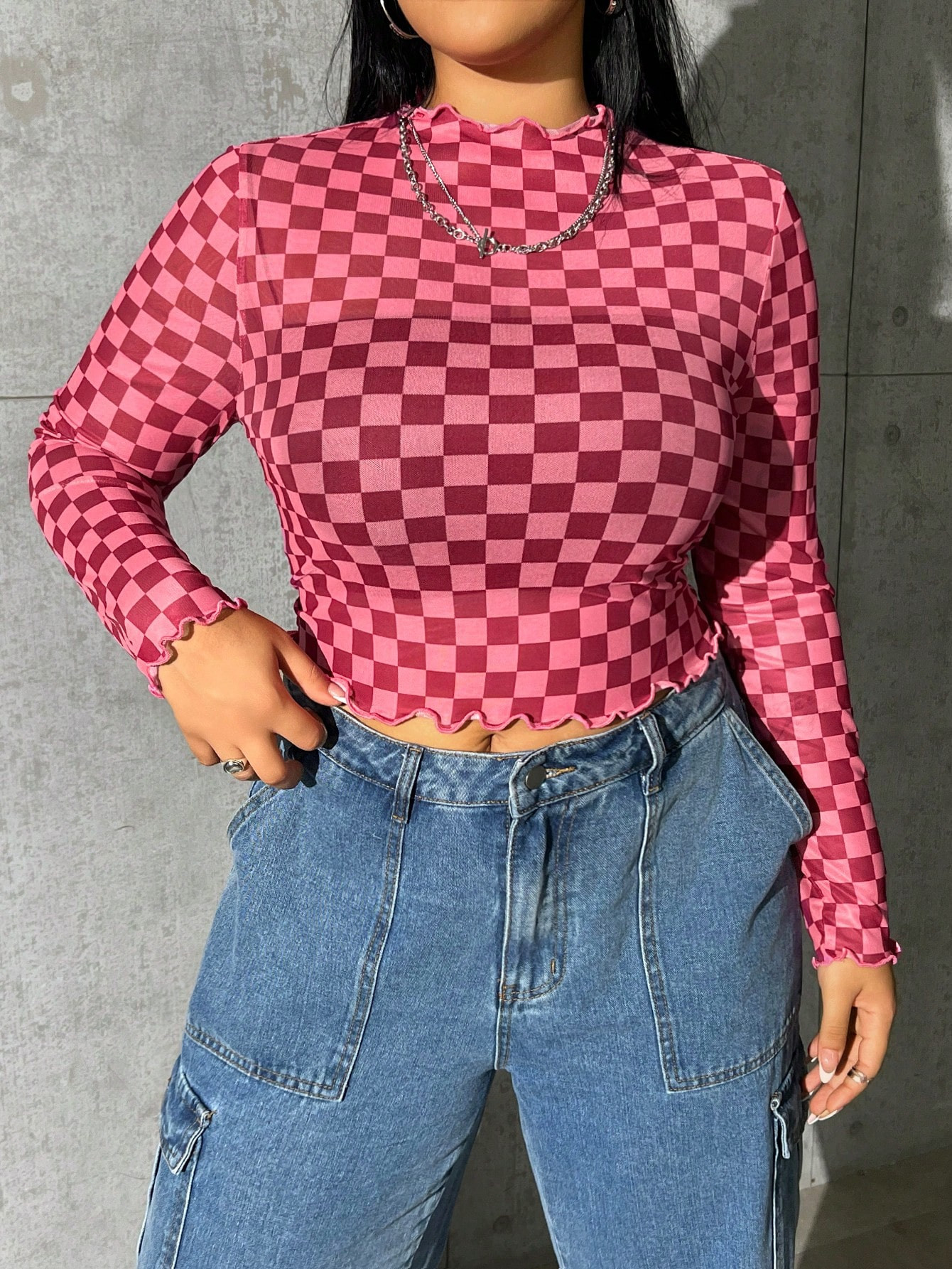 SHEIN EZwear Plus Checker Print Lettuce Trim Mock Neck Mesh Top | SHEIN