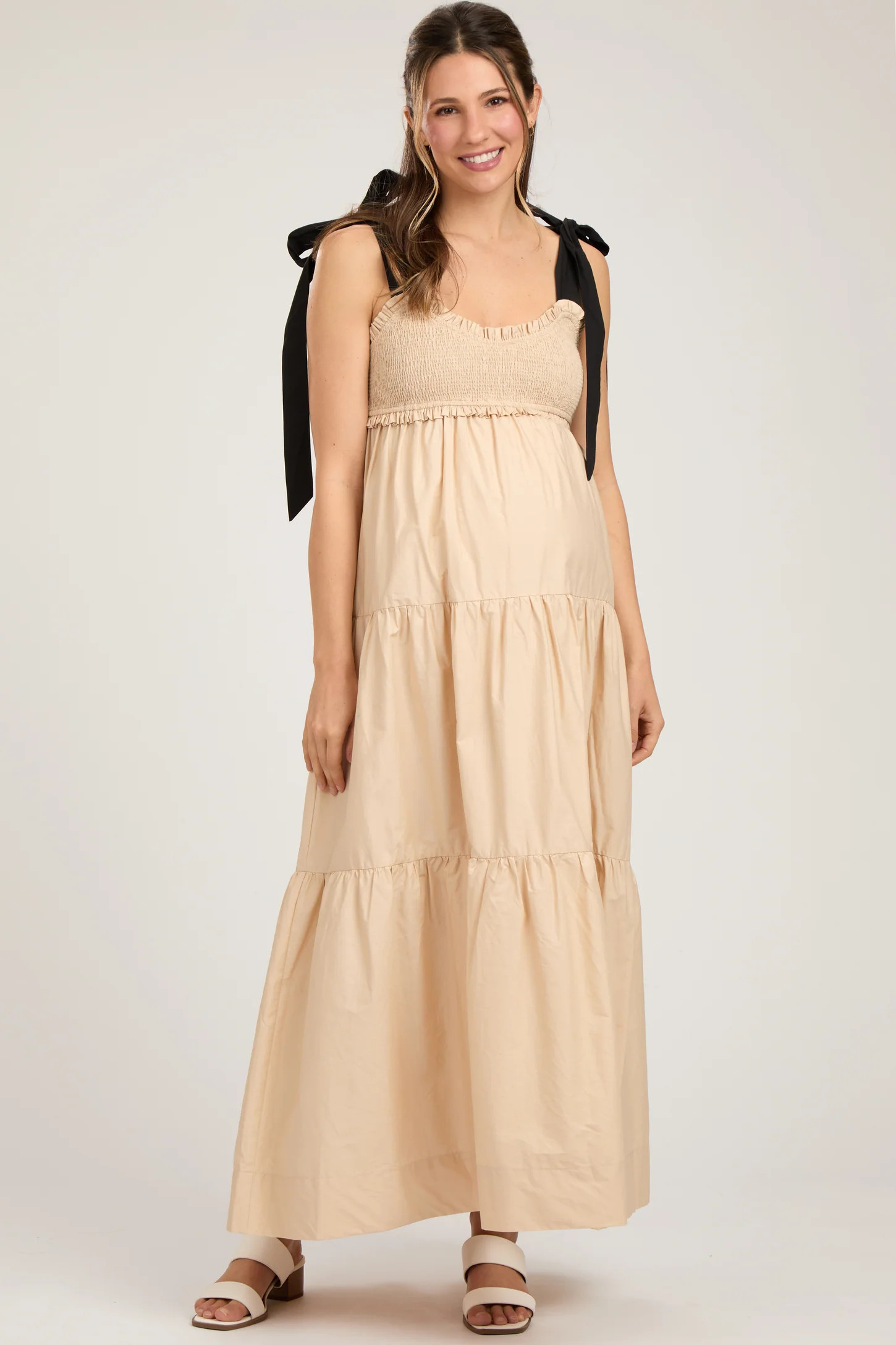 Taupe Contrast Shoulder Straps Maternity Maxi Dress | PinkBlush Maternity