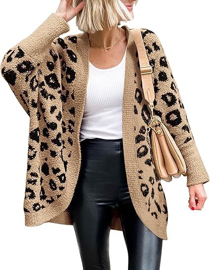 BTFBM Women Fashion Leopard Print Long Sleeve Sweater Cardigan Loose Knit Open Front Fall Winter ... | Amazon (US)