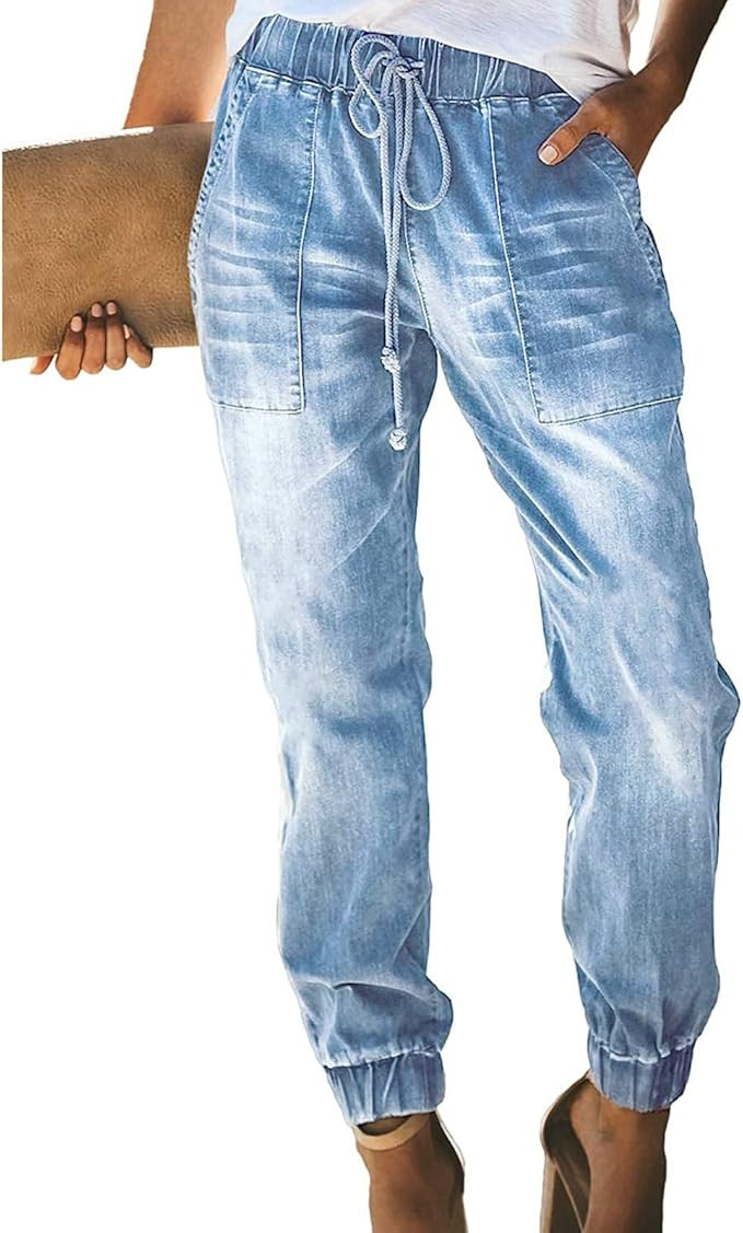 LONGYIDA Jean Joggers for Women Denim Ripped Loose Jeans High Waisted Stretch Drawstring Denim Jo... | Amazon (US)