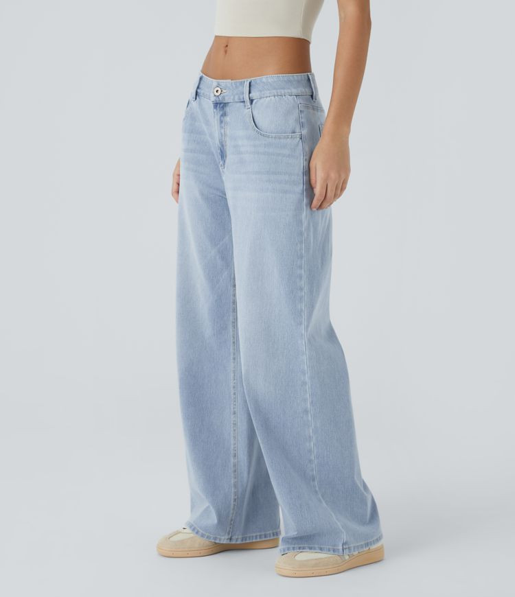 Women’s Halara Flex™ Low Rise Zipper Pockets Washed Baggy Wide Leg Casual Jeans - Halara | HALARA