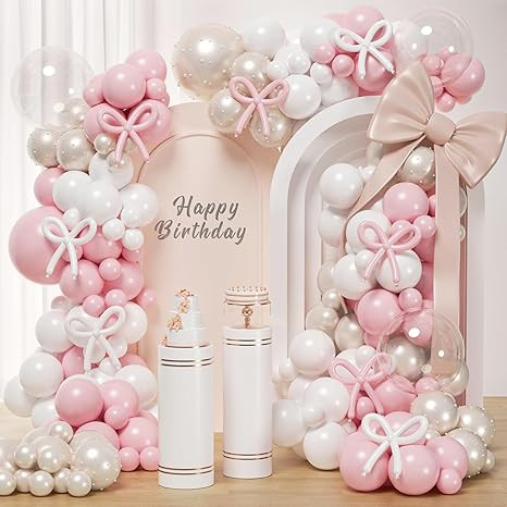 Pink Bow Balloons Arch Kit 147Pcs Coquette Birthday Decorations Pink and White balloon with Doubl... | Amazon (US)