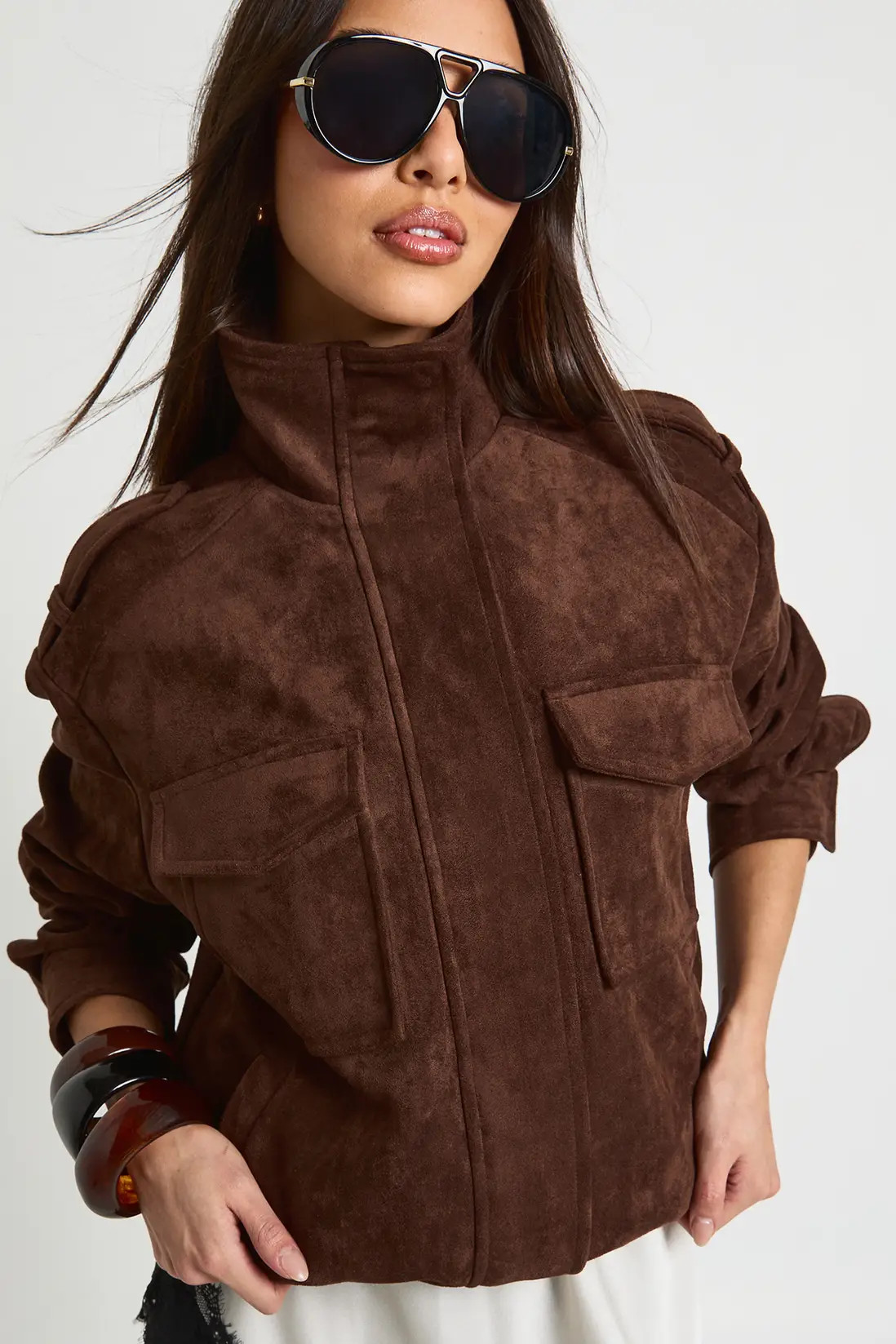 Chocolate boohoo Funnel Neck Faux Suede Pocket Detail Jacket | Debenhams | Debenhams UK