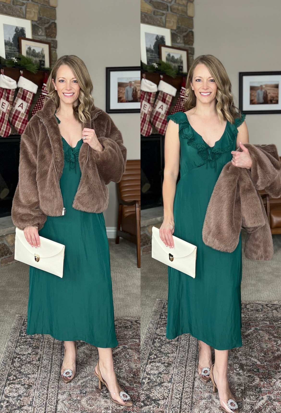 This satin dress is super comfy, but size down if in-between. I am in a small, but need an xs. The fur coat feels so luxe but super affordable.  

 #LTKHoliday #LTKOver40 #LTKPetite