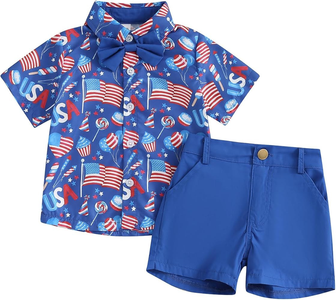 FYBITBO Toddler Baby Boy 4th of Outfits Gentleman Short Sleeve Button Down Shirt Dress Shorts Fou... | Amazon (US)