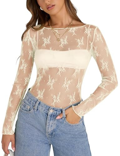 KTILG See Through Mesh Shirts Top Boat Neck Lace Undershirt Fitted Sheer Long Sleeve Tops Clubwear Party Night Creamy L | Amazon (US)