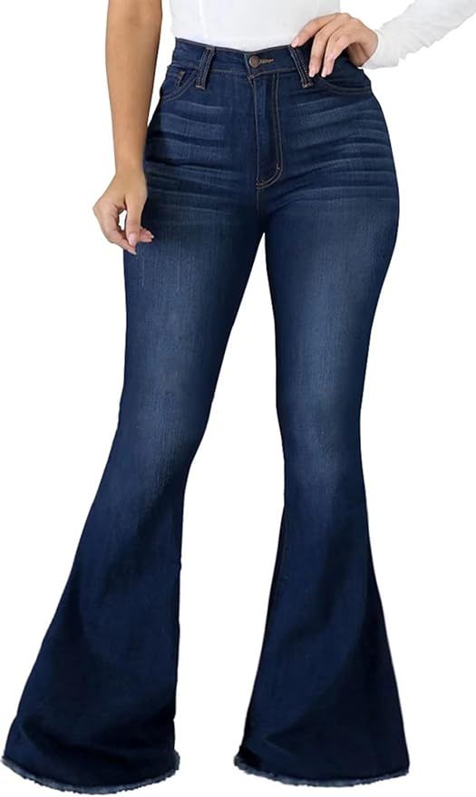 vunahzma Women's Bell Bottom Jeans Elastic Waist Ripped Flared Jeans Denim Bell Bottom Plus Size ... | Amazon (US)
