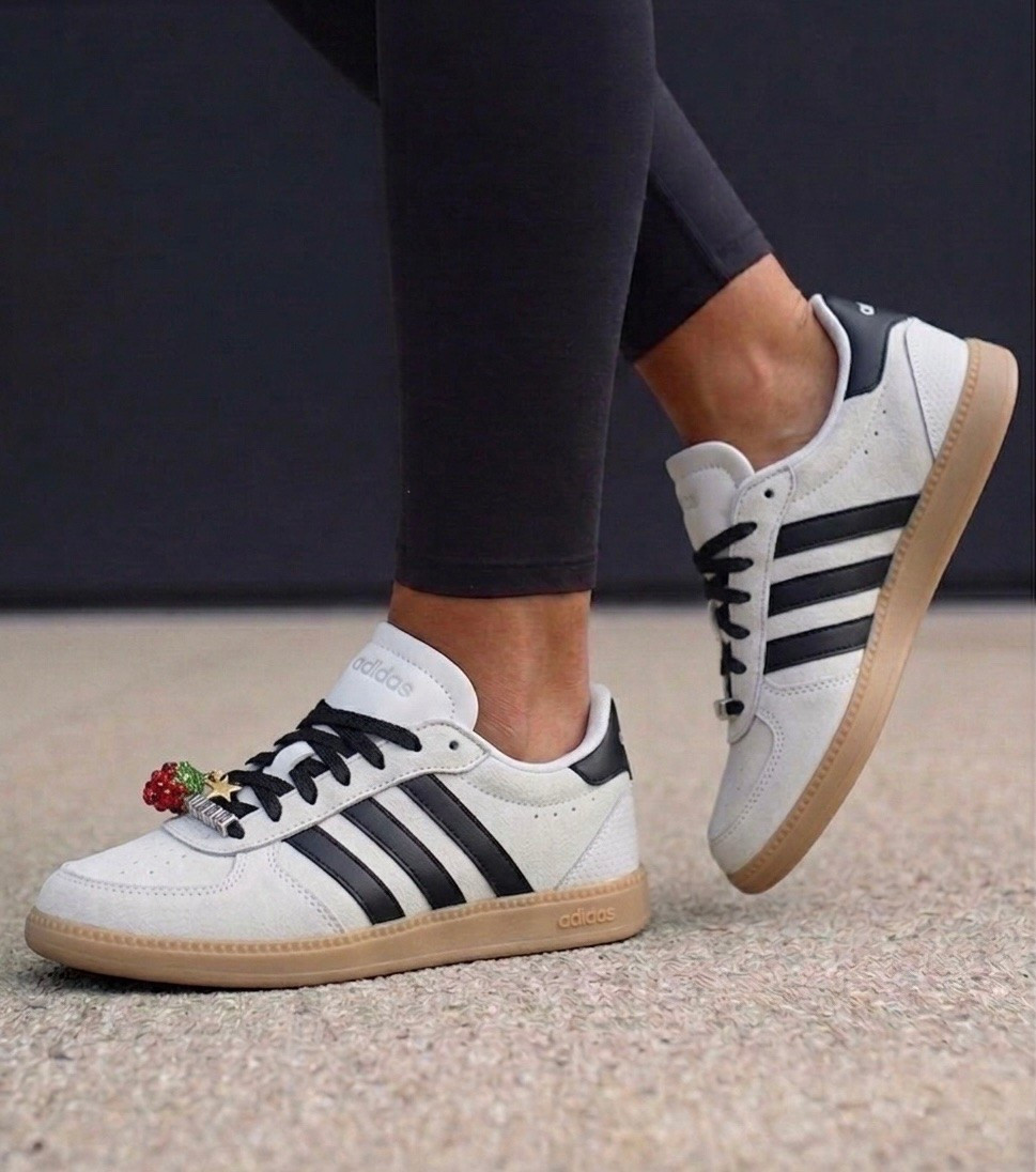 The Adidas Breaknet Sleek Shoes generally fit true to size. These give a nice Samba inspired look for $65. They’re cute with jeans, leggings, Spanx Air Essentials, and casual dresses.