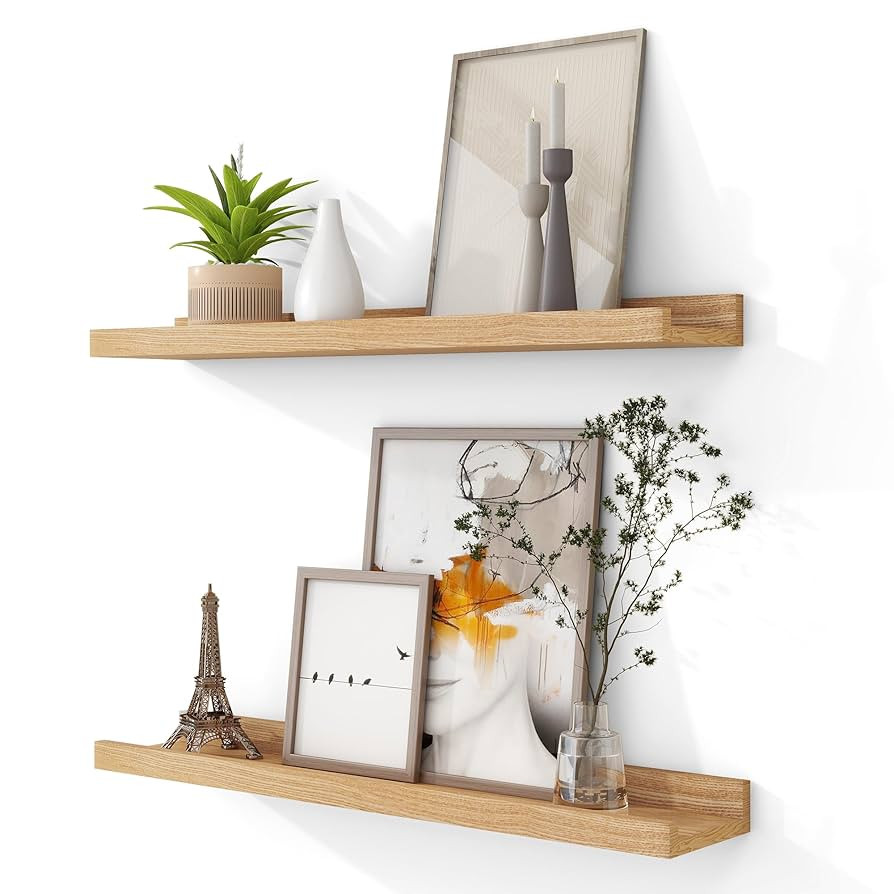 Solid Ash Wood Picture Ledge Shelf, 24 Inch Wood Floating Shelves with Lip Set of 2, Photo Ledge ... | Amazon (US)