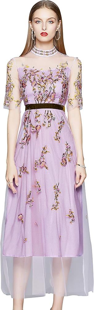 Women's Round Neck Embroidered Floral Cocktail Party A-line Midi Dress | Amazon (US)