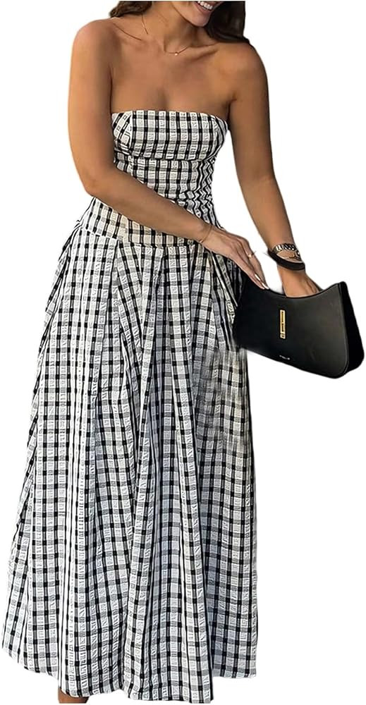 Milumia Women's Plaid Tube Maxi Dress Strapless Sleeveless Flared A Line Long Dresses | Amazon (US)