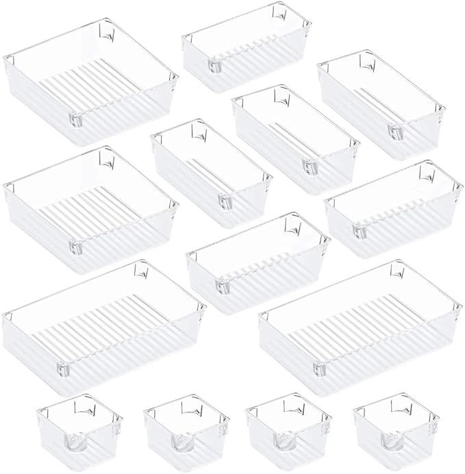Puroma 14-pcs Desk Drawer Organizer Trays, 4 Different Sizes Large Capacity Plastic Bins Kitchen ... | Amazon (US)