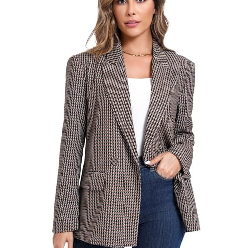Women's Oversized Double-Breasted Houndstooth Suit Blazer Jacket Long Sleeve Casual Work Office Blazer with Pockets(Brown Houndstooth) | Amazon (US)