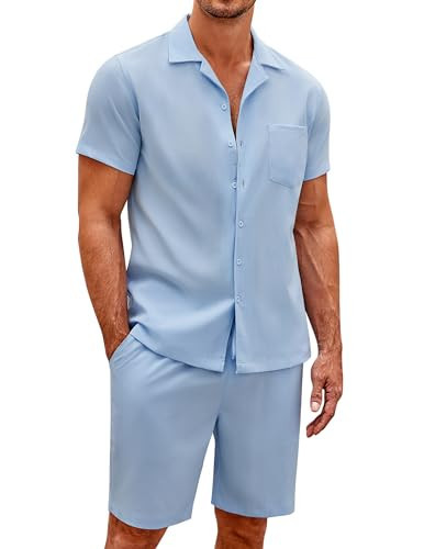 COOFANDY Men's 2 Pieces Short Set Short Sleeve Button Down Shirts Casual Beach Outfits Blue XX-Large | Amazon (US)