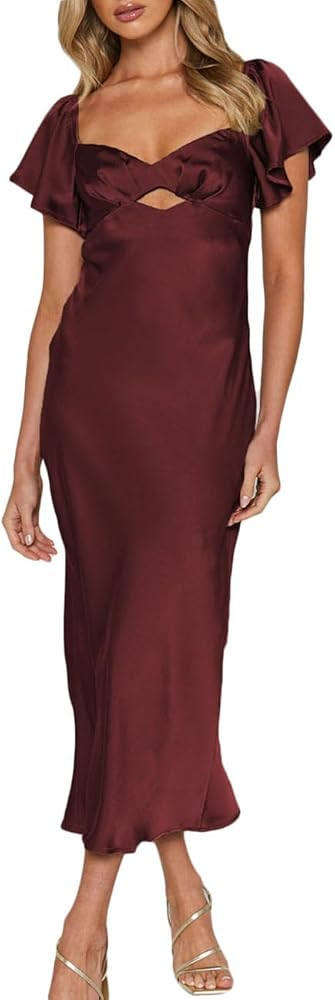 Summer Satin Flutter Sleeve Wedding Guest Dresses for Women Sweetheart Neckline Cutout Tie Back M... | Amazon (US)