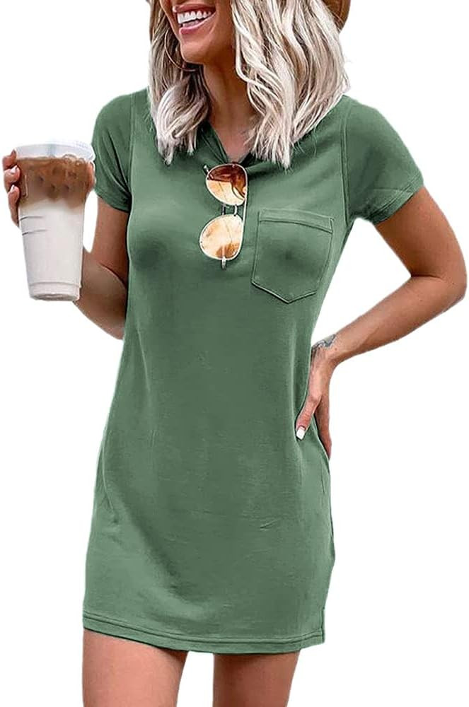 Ladiyo Women T Shirt Dress Summer Fashion Mini Dress Crew Neck Short Sleeve Dress Solid Color Cas... | Amazon (US)