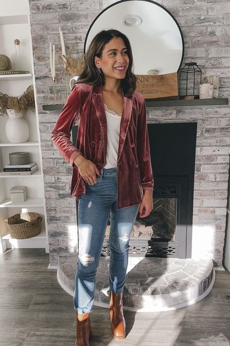 Holiday outfit idea from Maurice’s with pink blazer and jeans. White lace top and ankle booties  

#LTKfindsunder50 #LTKfindsunder100 #LTKHoliday