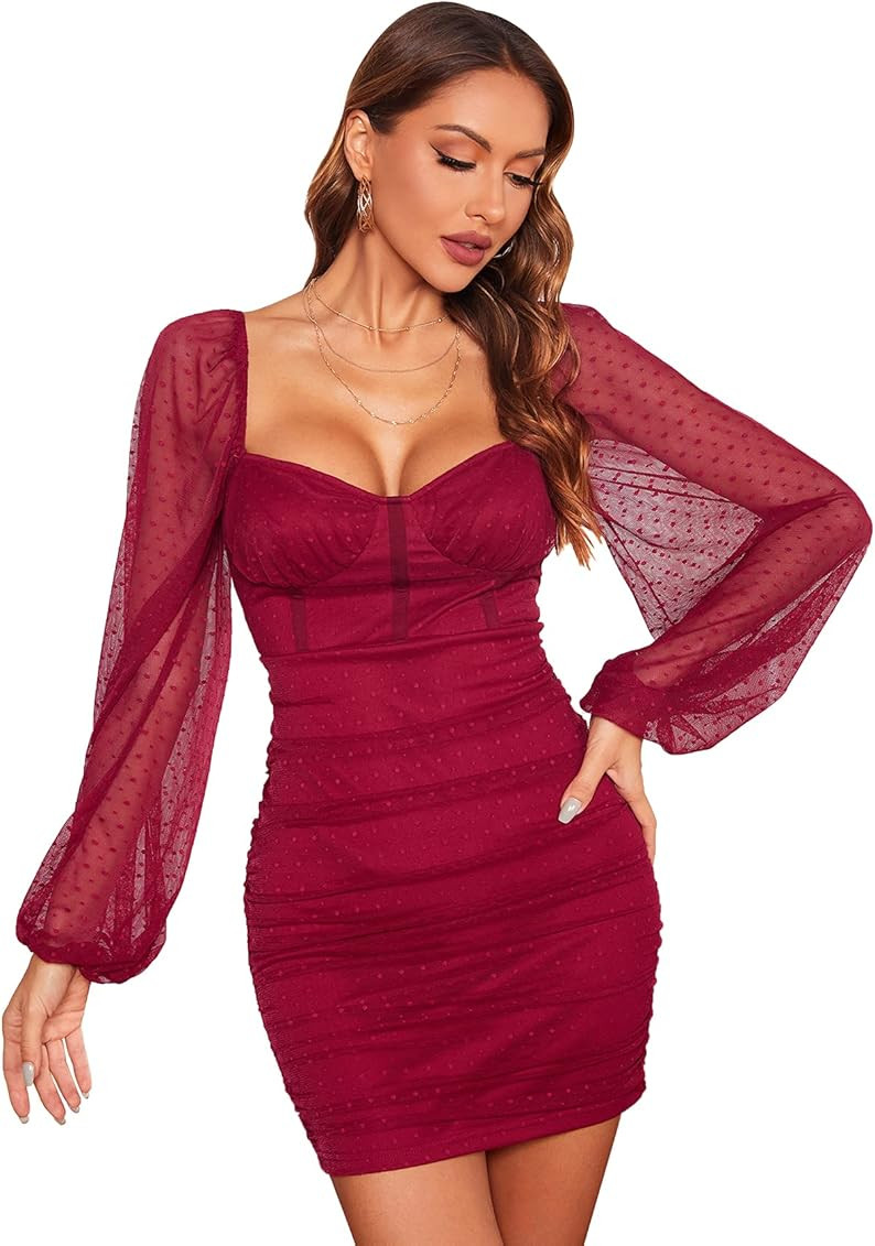 SheIn Women's Lantern Long Sleeve Mesh Sweetheart Neck Bustier Bodycon Dress | Amazon (US)